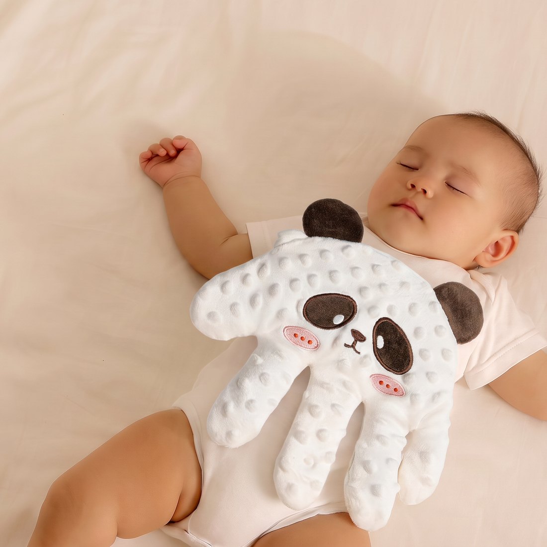 Bebé dormido con la almohada Baby Calm panda sobre la tripita